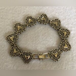 Vintage Heart Linked ￼Bracelet, Silver Tone, Textured, Ornate, Unsigned